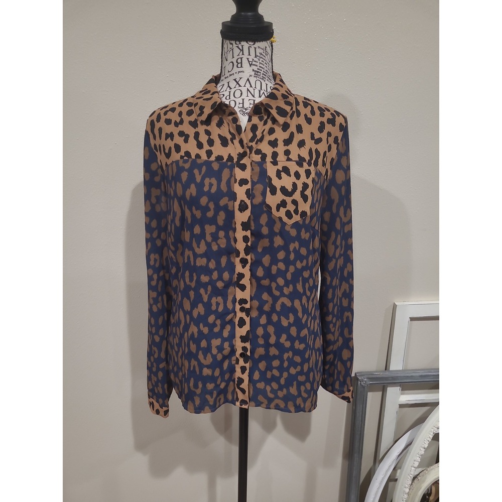 Venus Women SZ 6 animal print button down blouse career work navy tan flowy boho